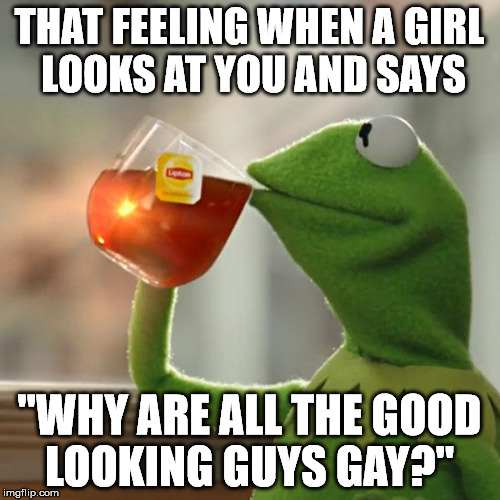 But That's None Of My Business Meme | THAT FEELING WHEN A GIRL LOOKS AT YOU AND SAYS "WHY ARE ALL THE GOOD LOOKING GUYS GAY?" | image tagged in memes,but thats none of my business,kermit the frog | made w/ Imgflip meme maker