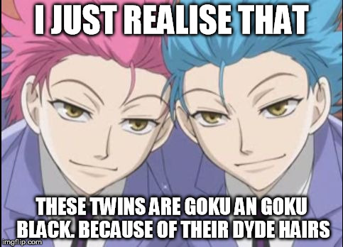 Hikaru and Kaoru | I JUST REALISE THAT; THESE TWINS ARE GOKU AN GOKU BLACK. BECAUSE OF THEIR DYDE HAIRS | image tagged in hikaru and kaoru | made w/ Imgflip meme maker