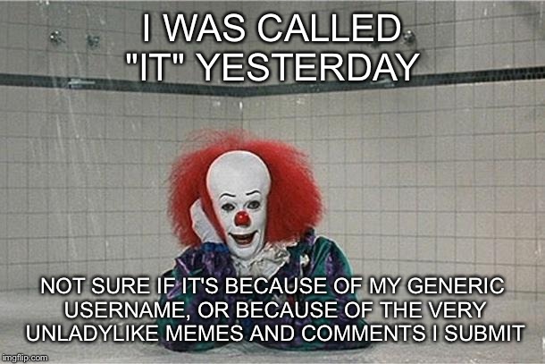 I wasn't mad. It was actually funny :) I just wish we had the option to change our usernames. | I WAS CALLED "IT" YESTERDAY; NOT SURE IF IT'S BECAUSE OF MY GENERIC USERNAME, OR BECAUSE OF THE VERY UNLADYLIKE MEMES AND COMMENTS I SUBMIT | image tagged in it clown,funny,memes | made w/ Imgflip meme maker
