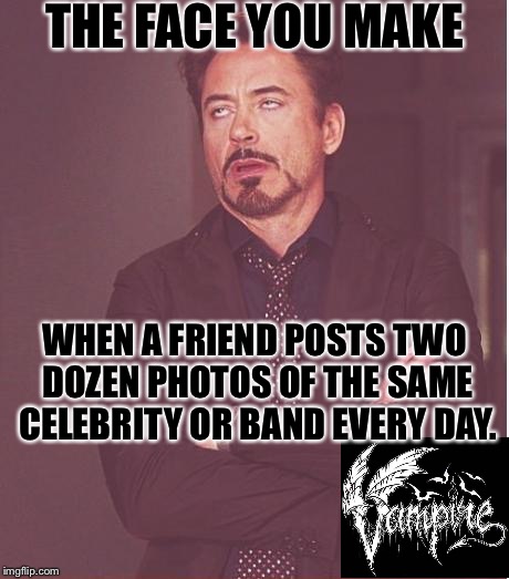 Seriously? Who Does This? | THE FACE YOU MAKE; WHEN A FRIEND POSTS TWO DOZEN PHOTOS OF THE SAME CELEBRITY OR BAND EVERY DAY. | image tagged in memes,face you make robert downey jr | made w/ Imgflip meme maker