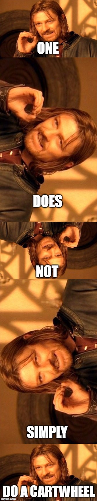 One Does Not Simply | ONE; DOES; NOT; SIMPLY; DO A CARTWHEEL | image tagged in memes,one does not simply,cartwheel | made w/ Imgflip meme maker