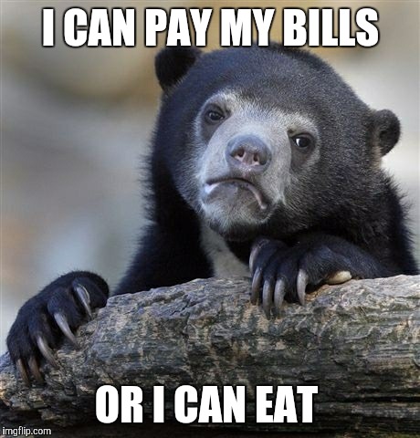 Confession Bear | I CAN PAY MY BILLS; OR I CAN EAT | image tagged in memes,confession bear | made w/ Imgflip meme maker