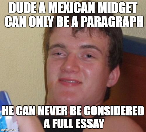 I can't remember where I head this... hope it's not a repost | DUDE A MEXICAN MIDGET CAN ONLY BE A PARAGRAPH; HE CAN NEVER BE CONSIDERED A FULL ESSAY | image tagged in memes,10 guy | made w/ Imgflip meme maker