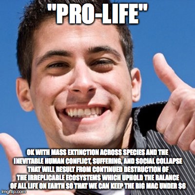 Sure Dude | "PRO-LIFE"; OK WITH MASS EXTINCTION ACROSS SPECIES AND THE INEVITABLE HUMAN CONFLICT, SUFFERING, AND SOCIAL COLLAPSE THAT WILL RESULT FROM CONTINUED DESTRUCTION OF THE IRREPLICABLE ECOSYSTEMS WHICH UPHOLD THE BALANCE OF ALL LIFE ON EARTH SO THAT WE CAN KEEP THE BIG MAC UNDER $6 | image tagged in whiteguy,republican,pro-life,mcondalds,becausecapitalism,vote | made w/ Imgflip meme maker