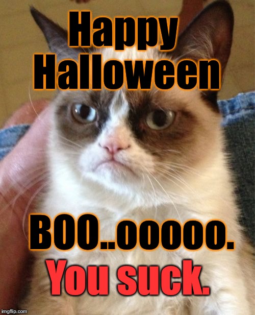 Grumpy Cat Meme | Happy Halloween; BOO..ooooo. You suck. | image tagged in memes,grumpy cat | made w/ Imgflip meme maker