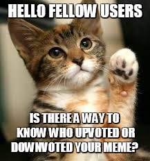 since i'm not on imgflip so often, perhaps you guys can help me | HELLO FELLOW USERS; IS THERE A WAY TO KNOW WHO UPVOTED OR DOWNVOTED YOUR MEME? | image tagged in cute cat | made w/ Imgflip meme maker