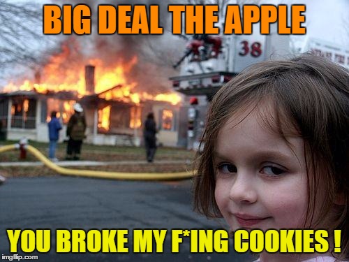 Disaster Girl Meme | BIG DEAL THE APPLE YOU BROKE MY F*ING COOKIES ! | image tagged in memes,disaster girl | made w/ Imgflip meme maker