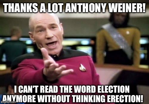 Picard Wtf | THANKS A LOT ANTHONY WEINER! I CAN'T READ THE WORD ELECTION ANYMORE WITHOUT THINKING ERECTION! | image tagged in memes,picard wtf | made w/ Imgflip meme maker