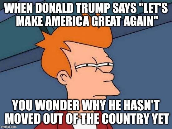 Futurama Fry | WHEN DONALD TRUMP SAYS "LET'S MAKE AMERICA GREAT AGAIN"; YOU WONDER WHY HE HASN'T MOVED OUT OF THE COUNTRY YET | image tagged in memes,futurama fry | made w/ Imgflip meme maker