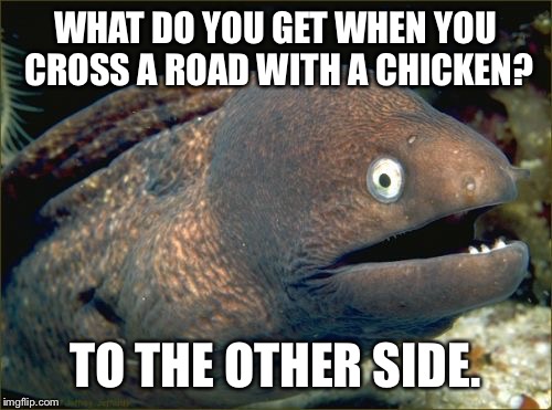 Bad Joke Eel | WHAT DO YOU GET WHEN YOU CROSS A ROAD WITH A CHICKEN? TO THE OTHER SIDE. | image tagged in memes,bad joke eel | made w/ Imgflip meme maker
