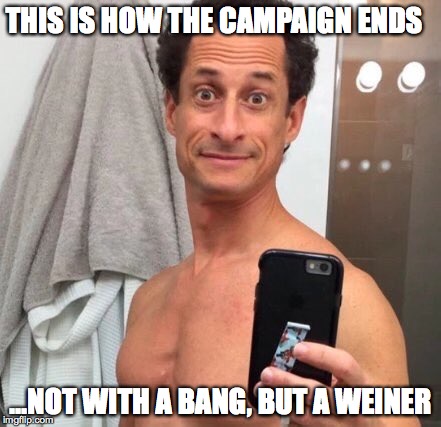 Anthony Weiner | THIS IS HOW THE CAMPAIGN ENDS; ...NOT WITH A BANG, BUT A WEINER | image tagged in anthony weiner | made w/ Imgflip meme maker