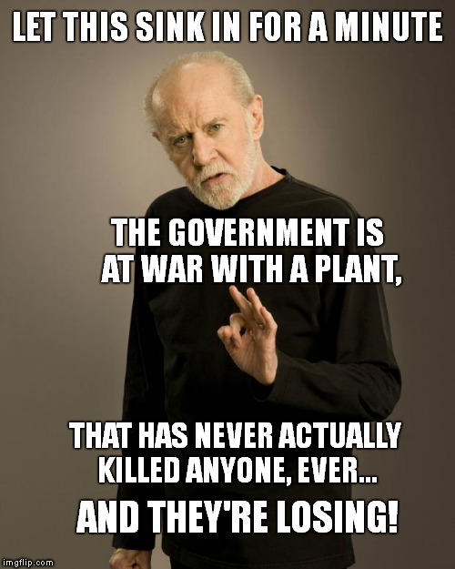 In the ongoing war on drugs, drugs are still winning. | LET THIS SINK IN FOR A MINUTE; THE GOVERNMENT IS AT WAR WITH A PLANT, THAT HAS NEVER ACTUALLY KILLED ANYONE, EVER... AND THEY'RE LOSING! | image tagged in george carlin,meme,war on drugs,fail,funny,legalize | made w/ Imgflip meme maker