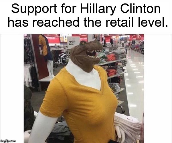 Reptillary |  Support for Hillary Clinton has reached the retail level. | image tagged in hillary clinton,hillary,hillary clinton 2016 | made w/ Imgflip meme maker