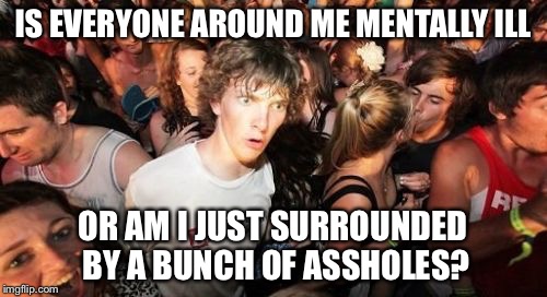 Not to be insensitive but.... | IS EVERYONE AROUND ME MENTALLY ILL; OR AM I JUST SURROUNDED BY A BUNCH OF ASSHOLES? | image tagged in memes,sudden clarity clarence,bipolar | made w/ Imgflip meme maker