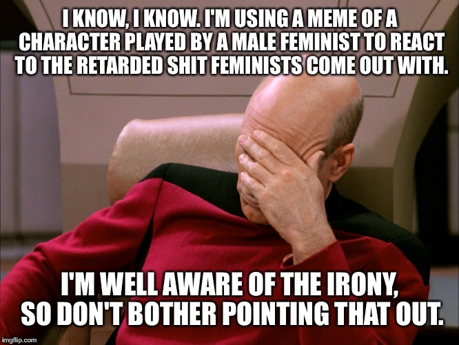 picard face palm | I KNOW, I KNOW. I'M USING A MEME OF A CHARACTER PLAYED BY A MALE FEMINIST TO REACT TO THE RETARDED SHIT FEMINISTS COME OUT WITH. I'M WELL AWARE OF THE IRONY, SO DON'T BOTHER POINTING THAT OUT. | image tagged in picard face palm | made w/ Imgflip meme maker
