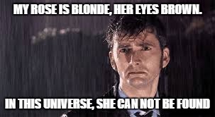 Oowwww the feeels | MY ROSE IS BLONDE, HER EYES BROWN. IN THIS UNIVERSE, SHE CAN NOT BE FOUND | image tagged in sad tennant,doctorwho,feels | made w/ Imgflip meme maker