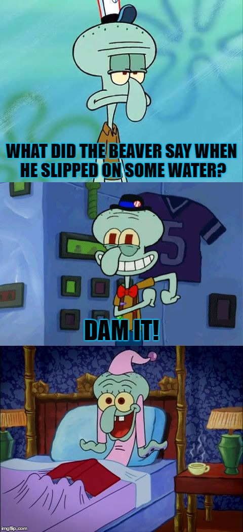 Bad Pun Squidward | WHAT DID THE BEAVER SAY WHEN HE SLIPPED ON SOME WATER? DAM IT! | image tagged in bad pun squidward,memes,bad pun,funny,squidward,animals | made w/ Imgflip meme maker