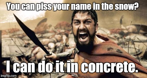 Sparta Leonidas Meme | You can piss your name in the snow? I can do it in concrete. | image tagged in sparta leonidas,funny meme | made w/ Imgflip meme maker