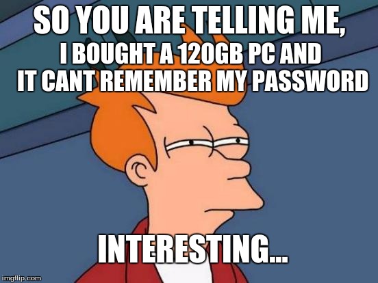 Futurama Fry | SO YOU ARE TELLING ME, I BOUGHT A 120GB PC AND IT CANT REMEMBER MY PASSWORD; INTERESTING... | image tagged in memes,futurama fry | made w/ Imgflip meme maker