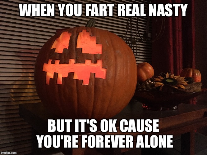 WHEN YOU FART REAL NASTY | WHEN YOU FART REAL NASTY; BUT IT'S OK CAUSE YOU'RE FOREVER ALONE | image tagged in pumpkin,minecraft,forever alone | made w/ Imgflip meme maker