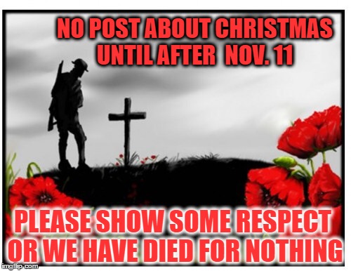 Remembrance Day | NO POST ABOUT CHRISTMAS UNTIL AFTER  NOV. 11; PLEASE SHOW SOME RESPECT OR WE HAVE DIED FOR NOTHING | image tagged in remembrance day | made w/ Imgflip meme maker