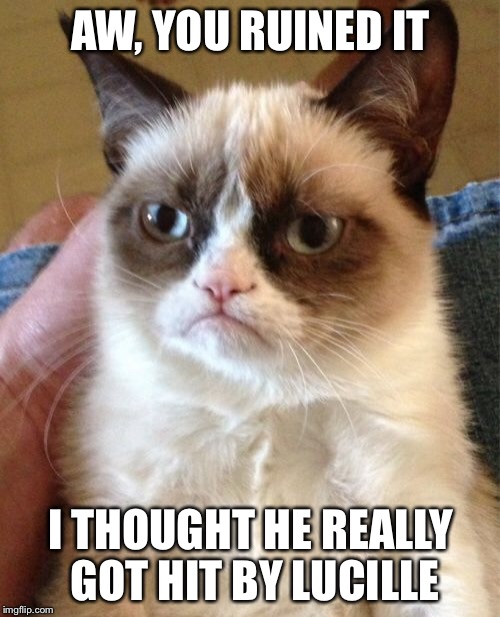 Grumpy Cat Meme | AW, YOU RUINED IT I THOUGHT HE REALLY GOT HIT BY LUCILLE | image tagged in memes,grumpy cat | made w/ Imgflip meme maker