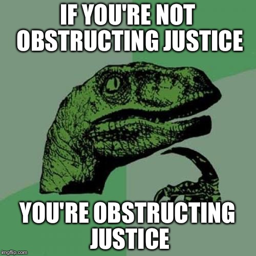 July 2016 Comey good...
October 2016 Comey bad | IF YOU'RE NOT OBSTRUCTING JUSTICE; YOU'RE OBSTRUCTING JUSTICE | image tagged in memes,philosoraptor | made w/ Imgflip meme maker