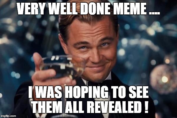 Leonardo Dicaprio Cheers Meme | VERY WELL DONE MEME .... I WAS HOPING TO SEE THEM ALL REVEALED ! | image tagged in memes,leonardo dicaprio cheers | made w/ Imgflip meme maker