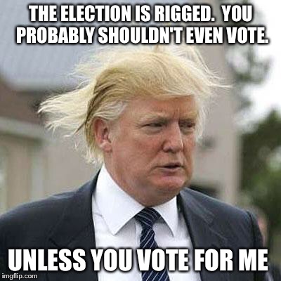 Donald Trump | THE ELECTION IS RIGGED.  YOU PROBABLY SHOULDN'T EVEN VOTE. UNLESS YOU VOTE FOR ME | image tagged in donald trump | made w/ Imgflip meme maker