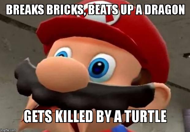 Mario WTF | BREAKS BRICKS, BEATS UP A DRAGON; GETS KILLED BY A TURTLE | image tagged in mario wtf | made w/ Imgflip meme maker