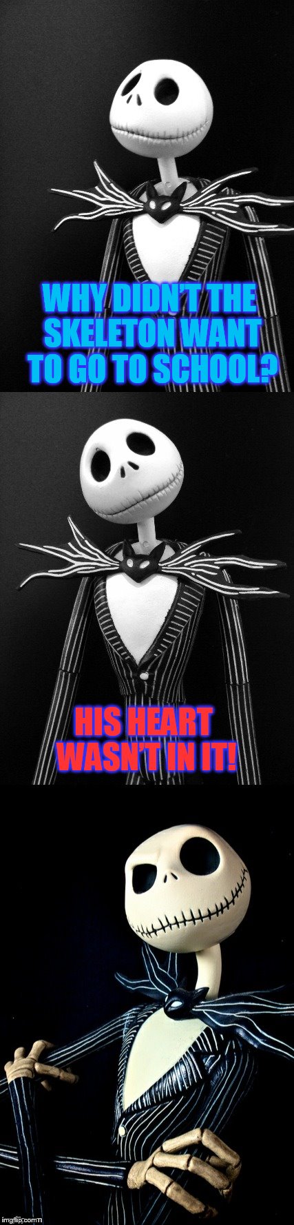 Happy Halloween! | WHY DIDN’T THE SKELETON WANT TO GO TO SCHOOL? HIS HEART WASN’T IN IT! | image tagged in jack puns,jokes,halloween,funny memes,skeleton,laughs | made w/ Imgflip meme maker