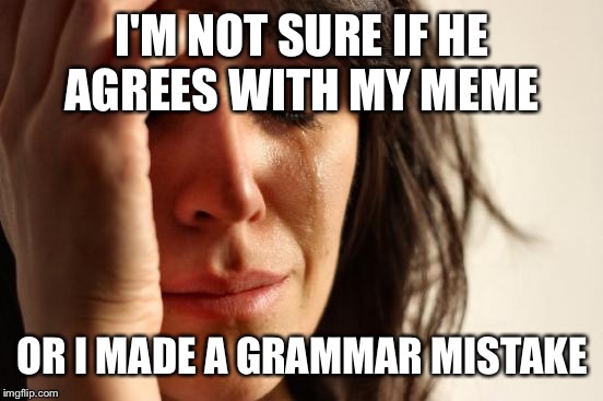 First World Problems Meme | I'M NOT SURE IF HE AGREES WITH MY MEME OR I MADE A GRAMMAR MISTAKE | image tagged in memes,first world problems | made w/ Imgflip meme maker