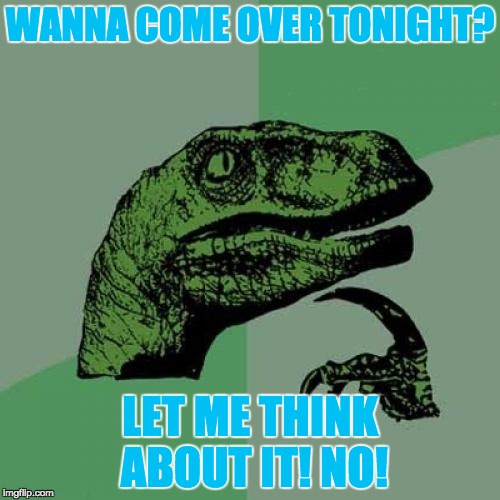 Philosoraptor | WANNA COME OVER TONIGHT? LET ME THINK ABOUT IT! NO! | image tagged in memes,philosoraptor | made w/ Imgflip meme maker