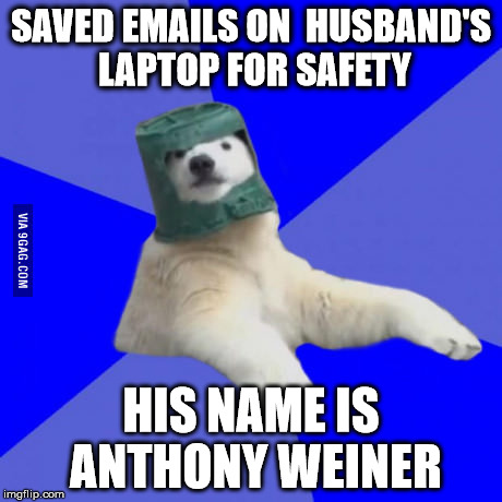 Poorly prepared polar bear | SAVED EMAILS ON 
HUSBAND'S LAPTOP FOR SAFETY; HIS NAME IS ANTHONY WEINER | image tagged in poorly prepared polar bear | made w/ Imgflip meme maker