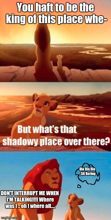 Simba Shadowy Place Meme | You haft to be the king of this place whe-; Bla Bla Bla , SO Boring; DON'T INTERRUPT ME WHEN I'M TALKING!!!! Where was I .. oh ! where all.... | image tagged in memes,simba shadowy place | made w/ Imgflip meme maker