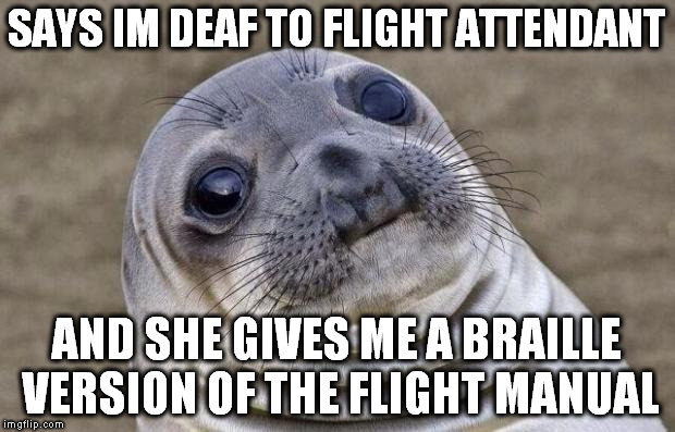 Awkward Moment Sealion | SAYS IM DEAF TO FLIGHT ATTENDANT; AND SHE GIVES ME A BRAILLE VERSION OF THE FLIGHT MANUAL | image tagged in memes,awkward moment sealion | made w/ Imgflip meme maker
