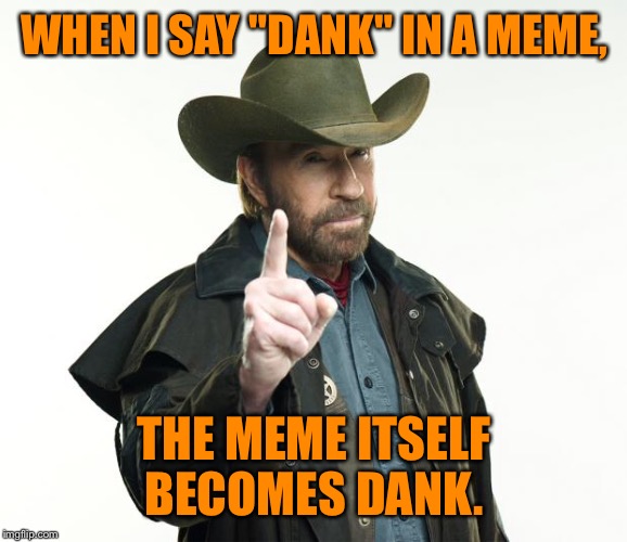 How Norris makes dank memes | WHEN I SAY "DANK" IN A MEME, THE MEME ITSELF BECOMES DANK. | image tagged in chuck norris,memes,dank | made w/ Imgflip meme maker