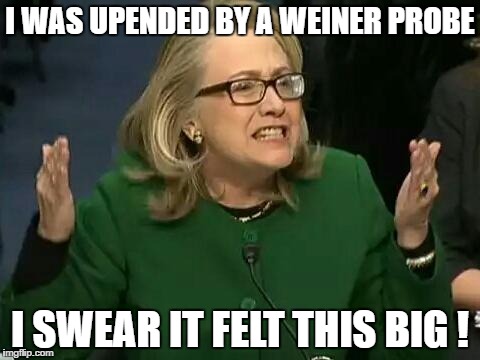 hillary what difference does it make | I WAS UPENDED BY A WEINER PROBE; I SWEAR IT FELT THIS BIG ! | image tagged in hillary what difference does it make | made w/ Imgflip meme maker