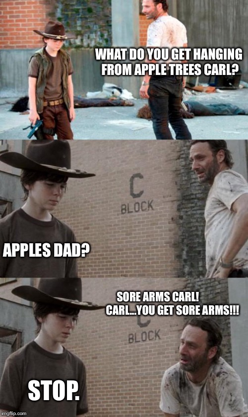 Rick and Carl 3 Meme | WHAT DO YOU GET HANGING FROM APPLE TREES CARL? APPLES DAD? SORE ARMS CARL!
            
CARL...YOU GET SORE ARMS!!! STOP. | image tagged in memes,rick and carl 3 | made w/ Imgflip meme maker