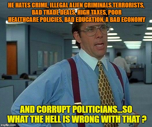 That Would Be Great Meme | HE HATES CRIME, ILLEGAL ALIEN CRIMINALS,TERRORISTS, BAD TRADE DEALS, HIGH TAXES, POOR HEALTHCARE POLICIES, BAD EDUCATION, A BAD ECONOMY AND  | image tagged in memes,that would be great | made w/ Imgflip meme maker