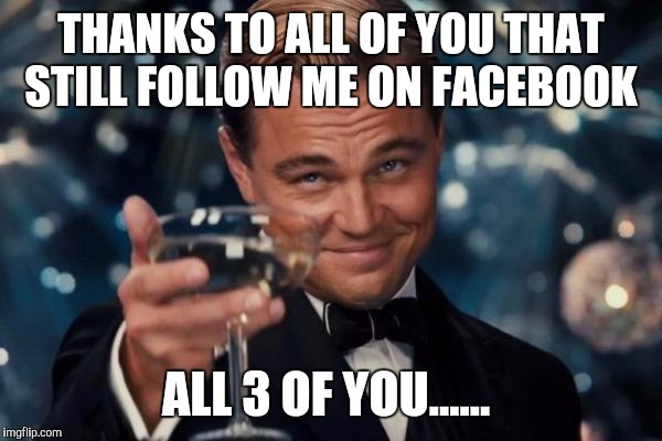 Leonardo Dicaprio Cheers Meme | THANKS TO ALL OF YOU THAT STILL FOLLOW ME ON FACEBOOK; ALL 3 OF YOU...... | image tagged in memes,leonardo dicaprio cheers | made w/ Imgflip meme maker