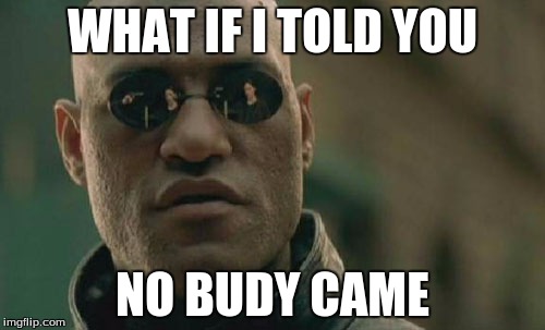 Matrix Morpheus | WHAT IF I TOLD YOU; NO BUDY CAME | image tagged in memes,matrix morpheus | made w/ Imgflip meme maker