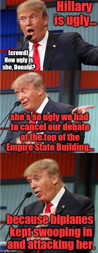 Damn, that's ugly. | Hillary is ugly... (crowd) How ugly is she, Donald? she's so ugly we had to cancel our debate at the top of the Empire State Building... because biplanes kept swooping in and attacking her. | image tagged in bad pun trump,hillary clinton | made w/ Imgflip meme maker