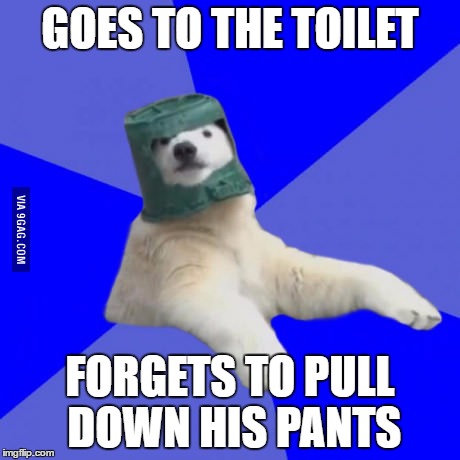 Poorly prepared polar bear | GOES TO THE TOILET; FORGETS TO PULL DOWN HIS PANTS | image tagged in poorly prepared polar bear | made w/ Imgflip meme maker