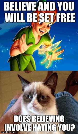 Grumpy Cat Does Not Believe Meme | BELIEVE AND YOU WILL BE SET FREE; DOES BELIEVING INVOLVE HATING YOU? | image tagged in memes,grumpy cat does not believe | made w/ Imgflip meme maker