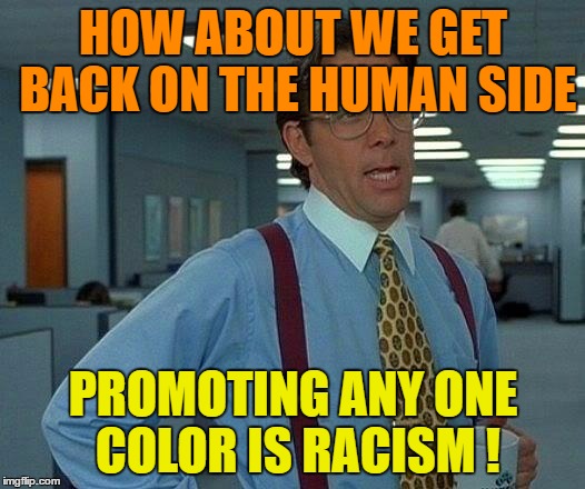 That Would Be Great Meme | HOW ABOUT WE GET BACK ON THE HUMAN SIDE PROMOTING ANY ONE COLOR IS RACISM ! | image tagged in memes,that would be great | made w/ Imgflip meme maker