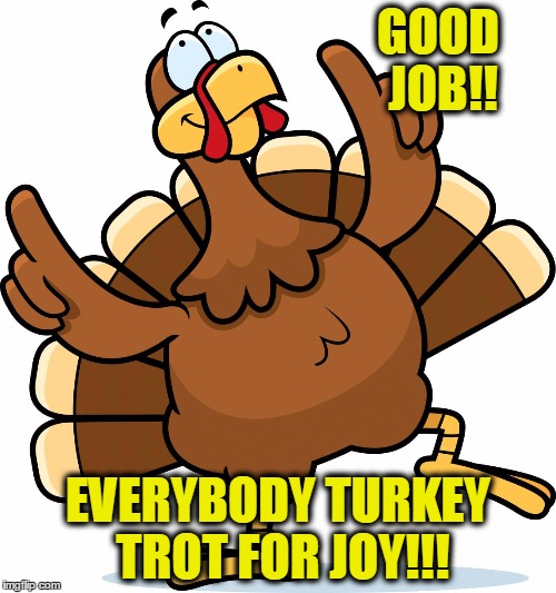 Turkey | GOOD JOB!! EVERYBODY TURKEY TROT FOR JOY!!! | image tagged in turkey | made w/ Imgflip meme maker