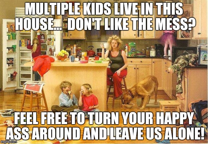 Why mom has no friends visit | MULTIPLE KIDS LIVE IN THIS HOUSE...

DON'T LIKE THE MESS? FEEL FREE TO TURN YOUR HAPPY ASS AROUND AND LEAVE US ALONE! | image tagged in mom,mom problem | made w/ Imgflip meme maker