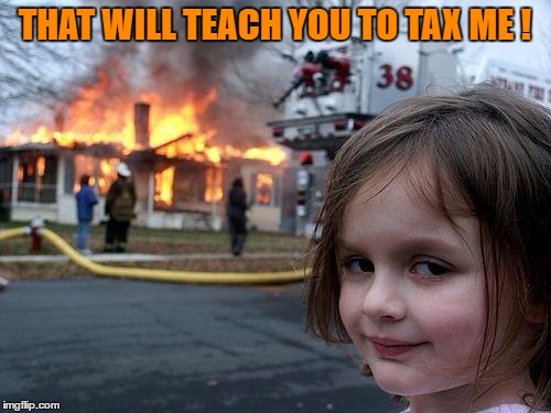 Disaster Girl Meme | THAT WILL TEACH YOU TO TAX ME ! | image tagged in memes,disaster girl | made w/ Imgflip meme maker