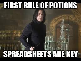 FIRST RULE OF POTIONS; SPREADSHEETS ARE KEY | image tagged in snape | made w/ Imgflip meme maker